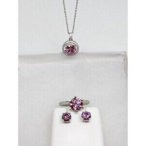 7Ctw Pink Moissanite Jewelry Set. Chain, Ring, & Earrings In 925 Silver. Bundle